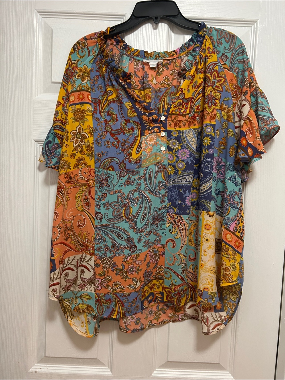 Cynthia Rowley Teal Yellow Orange Patchwork Paisley Blouse